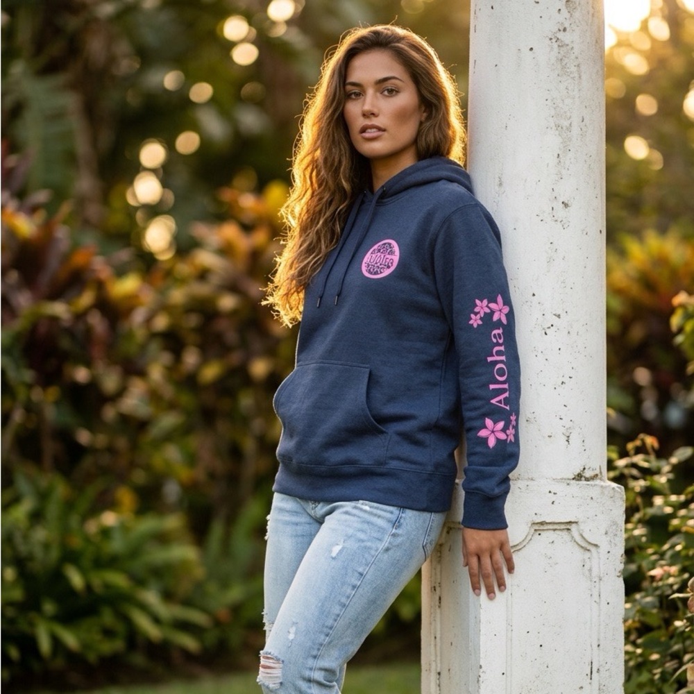 ALOHA Dark Blue Hoodie with Pink Accents